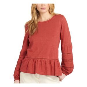 BARBOUR Womens Red Jersey Ruffled Elastic-cuffs Blouson Sleeve Scoop Neck Top 10